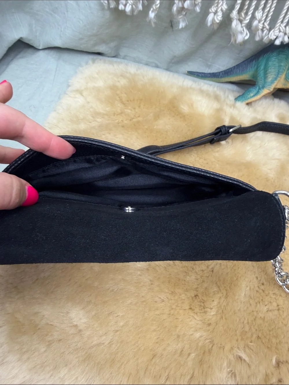 White House Black Market Black Crossbody Bag with Black Suede, Floral Embroidery